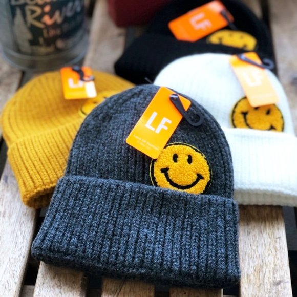 NEW Smile Smiley Happy Face Patch Cozy Soft Rib Knit Beanie Hat Ivory Black Gray - Picture 2 of 14